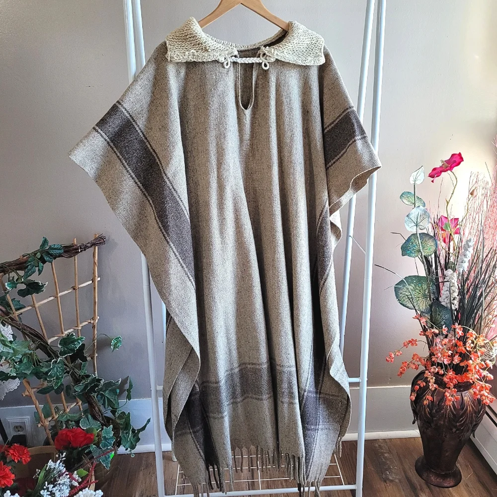 Artisan Made Wool Blanket Poncho - Picture 2 of 12